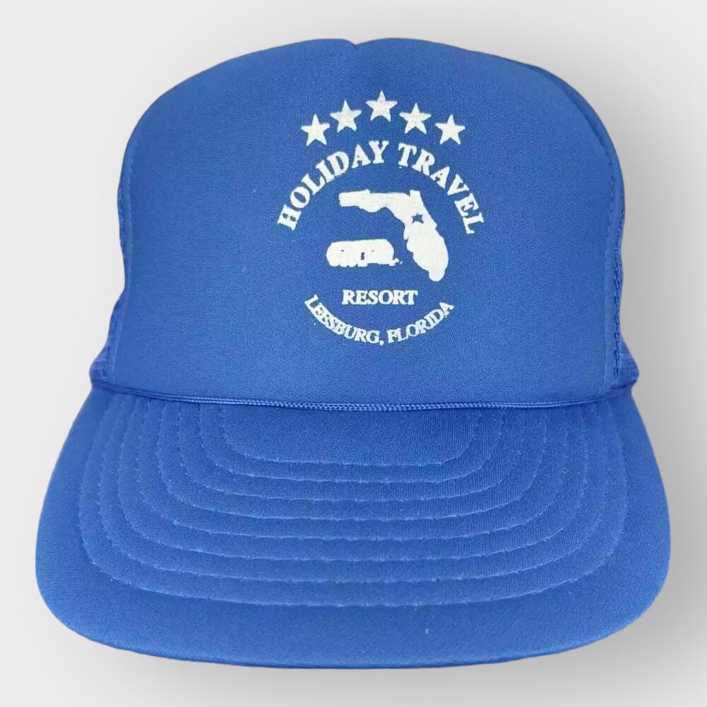 Vintage Holiday Travel Resort Leesburg Florida Snapback Trucker Hat Blue